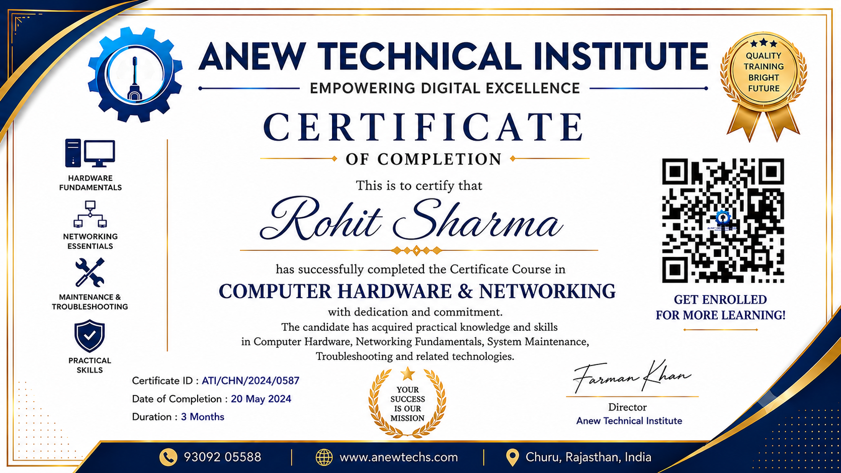 Anew Technical Institute Certificate of Completion